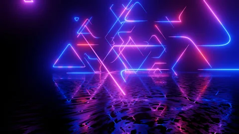 Neon Design blue purple pattern with lines. 4K video with various neon elements Stock Footage 256425174