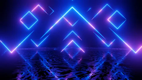 Neon Design blue purple pattern form wall. 4K video with various neon elements Stock Footage 256425278