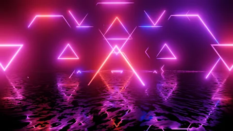Neon Design blue purple pattern with lines. 4K video with various neon elements Stock Footage 256425588