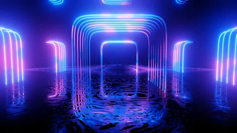 Neon Design blue purple pattern form wall. 4K video with various neon elements Stock Footage 256425897