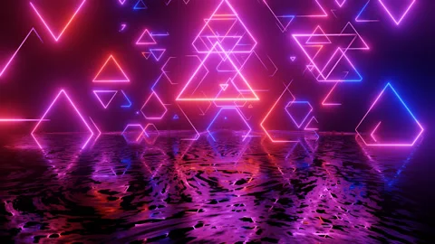 Neon Design blue purple pattern with lines. 4K video with various neon elements Stock Footage 256426500