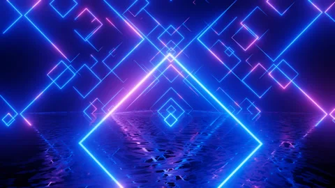 Neon Design blue purple pattern form wall. 4K video with various neon elements Stock Footage 256426789