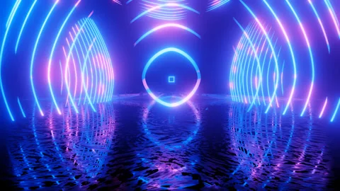 Neon Design blue purple pattern form wall. 4K video with various neon elements Stock Footage 256427752