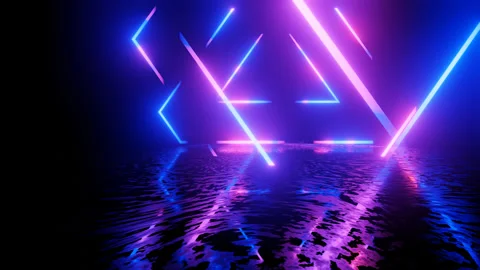 Neon Design blue purple pattern with lines. 4K video with various neon elements Stock Footage 258158439
