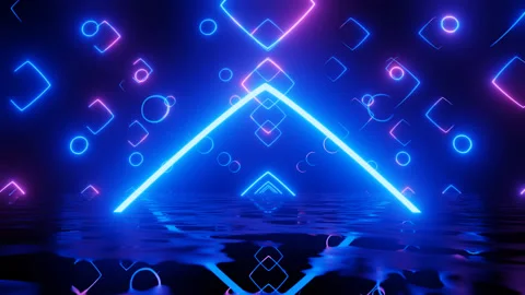 Neon Design blue purple pattern form wall. 4K video with various neon elements Stock Footage 258158544