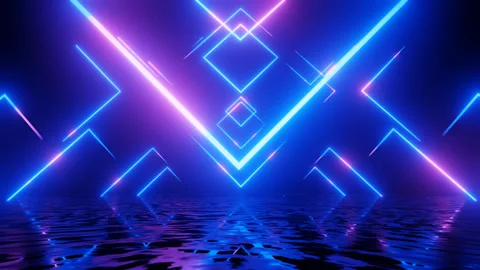 Neon Design blue purple pattern form wall. 4K video with various neon elements Stock Footage 258158678