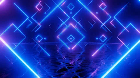 Neon Design blue purple pattern form wall. 4K video with various neon elements Stock Footage 258159070