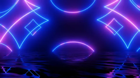 Neon Design blue purple pattern form wall. 4K video with various neon elements Stock Footage 258742726