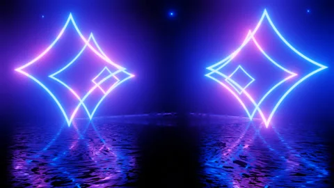 Neon Design blue purple pattern form wall. 4K video with various neon elements Stock Footage 258743553