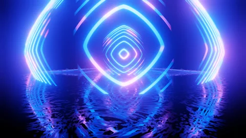 Neon Design blue purple pattern form wall. 4K video with various neon elements Stock Footage 258744973