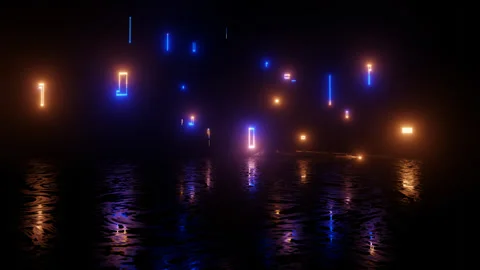 Neon Design blue purple pattern form wall 4K video with various neon elements Stock Footage 276319748