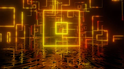 Neon Design orange pattern 4K video with various neon elements and a reflecting Stock Footage 256424736