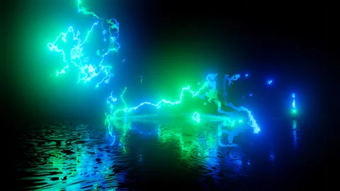 Neon Design of wall pattern of blue green neon lightning 4K video with various Stock Footage 277679926