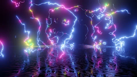 Neon Design of wall pattern of multicolor neon lightning 4K video with various Stock Footage 277995658