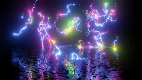 Neon Design of wall pattern of multicolor neon lightning 4K video with various Stock Footage 279748995