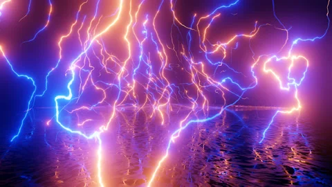 Neon Design of wall pattern of neon blue red lightning. 4K video with various Stock Footage 277679975