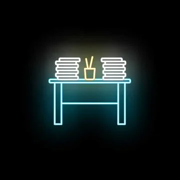Neon desk with documents and stationery for office work Stockillustratie