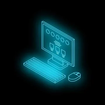 Neon desktop computer displaying flowchart on black background Illustrazione stock