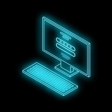 Neon desktop computer displaying login form on black background Stock Illustration