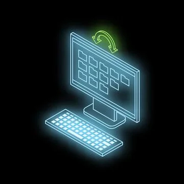 Neon desktop computer rotating screen with keyboard on black background Illustrazione stock