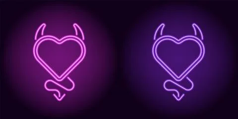 Neon devil heart in purple and violet color Stock Illustration