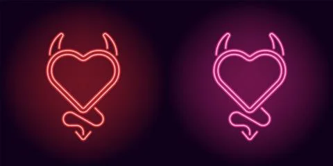 Neon devil heart in red and pink color Stock Illustration