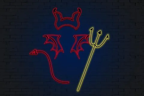 Neon devil with a trident on the background of a brick wall Stock-Illustration