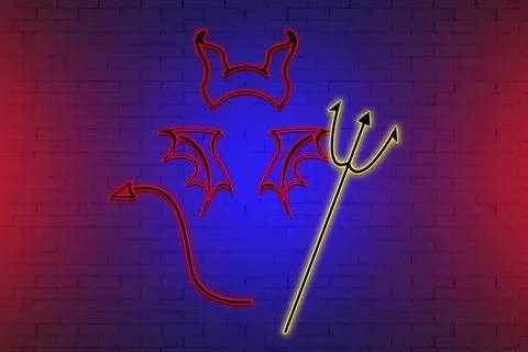 Neon devil with a trident on the background of a brick wall Stock Illustration