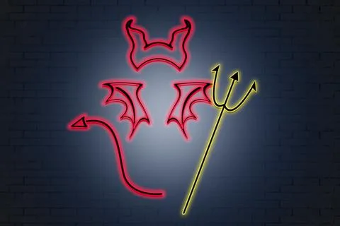 Neon devil with a trident on the background of a brick wall Stock Illustration