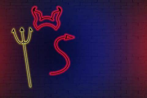 Neon devil with a trident on the background of a brick wall Illustrazione stock