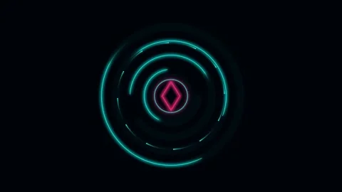 Neon diamond shape pulsing with cyan rotating circles against dark black ba.. Stock-Footage 342279061