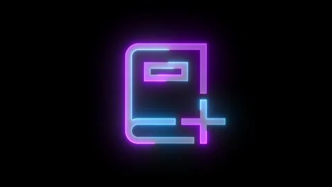Neon dictionary add icon cyan purple color glowing animation black background 스톡 동영상 269049007