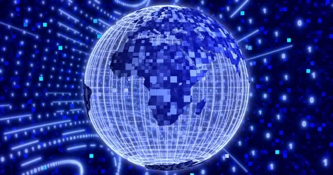 Neon Digital binary background with rotating Blue Planet earth. Seamless loop 4k Stock Footage 124094220