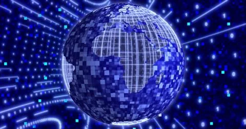 Neon Digital binary background with rotating Planet earth. animation for netw Stock Illustration