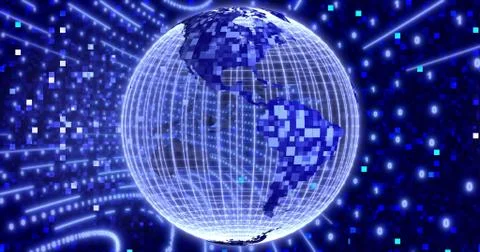 Neon Digital binary background with rotating Planet earth. animation for netw Stock Illustration