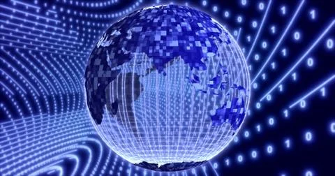 Neon Digital binary background with rotating Planet earth. animation for netw Stock Illustration