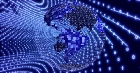 Neon Digital binary background with rotating Planet earth. animation for netw 库存插图