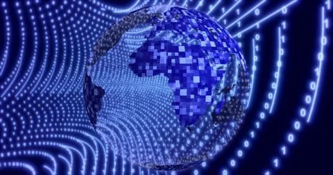 Neon Digital binary background with rotating Planet earth. animation for netw Stock Illustration