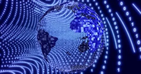 Neon Digital binary background with rotating Planet earth. animation for netw Illustrazione stock