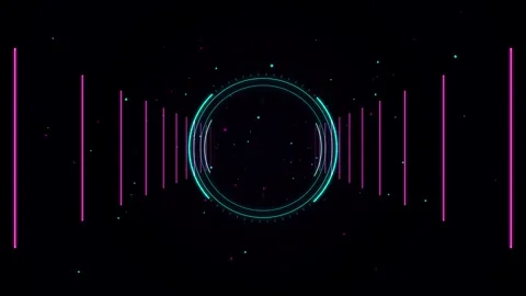 Neon digital circle with pink vertical laser lines rotating in abstract dar.. Vídeo Stock 344021914