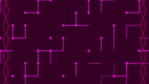 Neon digital circuit board pattern with glowing connecting data paths on da.. Video stock 337497208