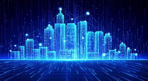 Neon Digital City Skyline Stock Footage 218317875