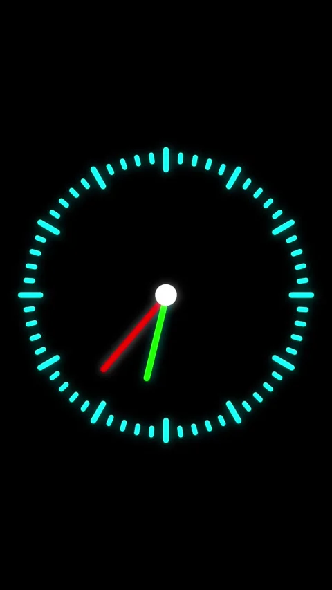 Neon Digital Clock Face with Glowing Blue Hour Markers and Red and Green Ha.. Stock Footage 337463256