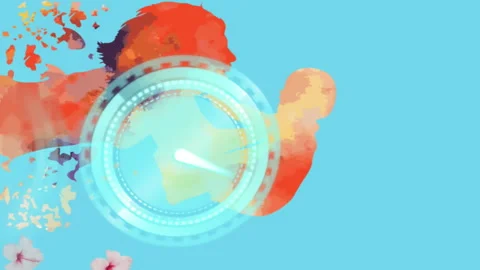 Neon digital clock ticking against red paint splash and multiple flowers Stock Footage 312525329