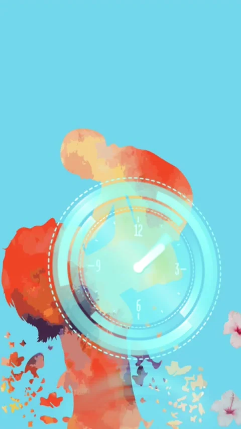 Neon digital clock ticking against red paint splash and multiple flowers Stock Footage 319822160