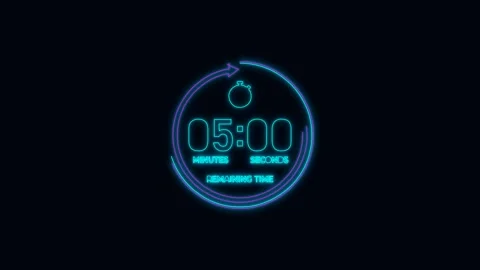 Neon Digital Countdown Timer - 5 Minutes Remaining on Black Background Stock Footage 339182124