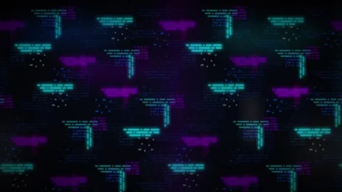 Neon digital data stream background, with glowing cybernetic, code patterns.. Vidéo 337565412