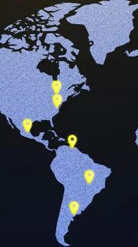 Neon digital map of the Americas with bright markers on a dark textured bac.. Stock Illustration