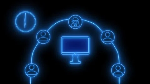 Neon digital network with computer and user icons animation Stock Footage 336887755