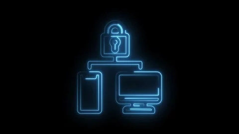 Neon digital network security connecting devices with padlock glowing on bl.. Stock Footage 346008269